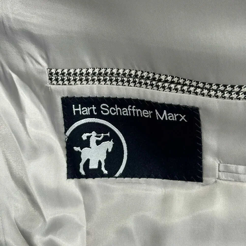 Hart Schaffner Marx Suit Jacket Men 42L Black Gray Micro Houndstooth Wool Office